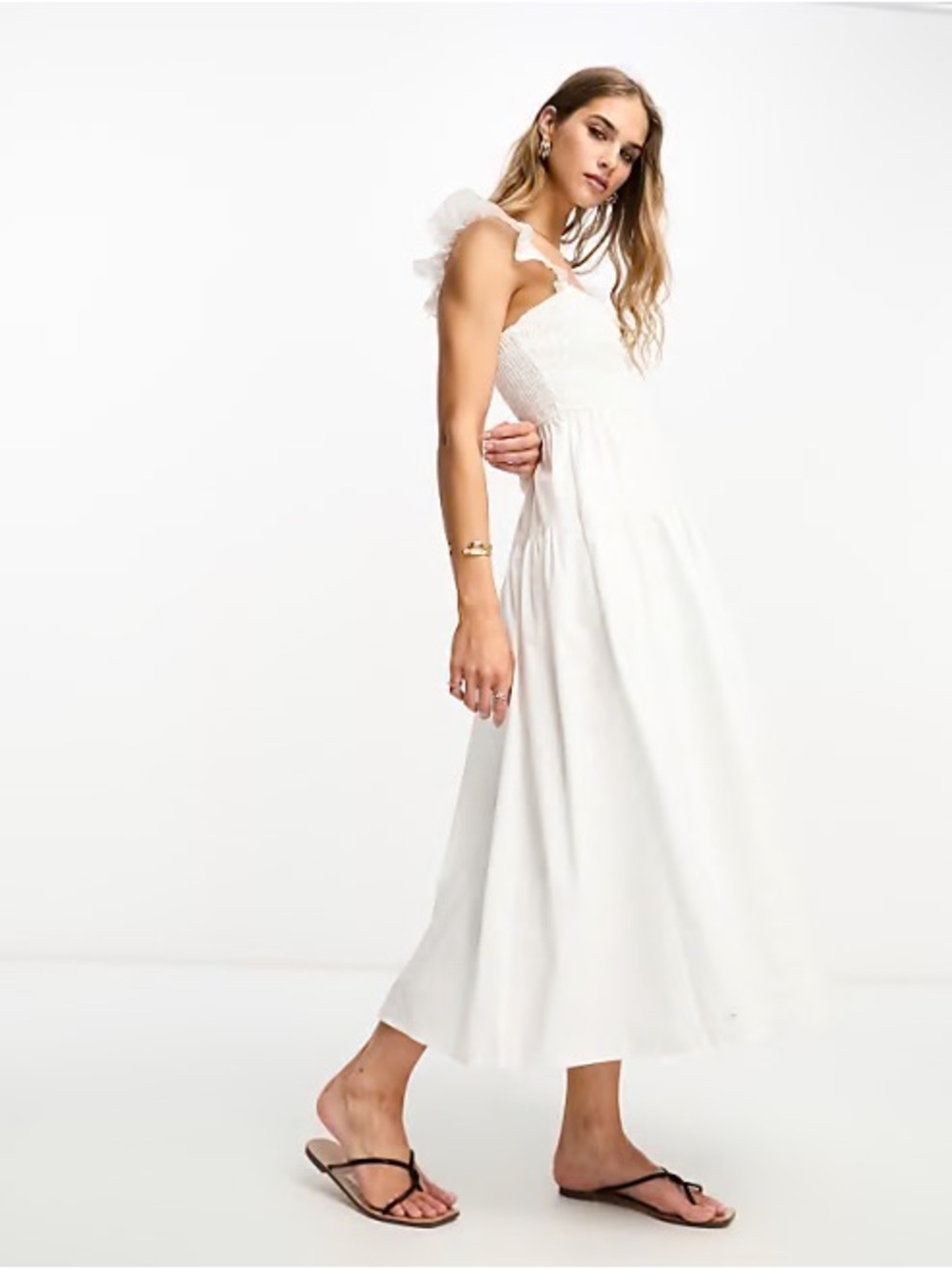 Abercrombie | White Smocked Ruffle Strap Midi Dress - Picture 9 of 10